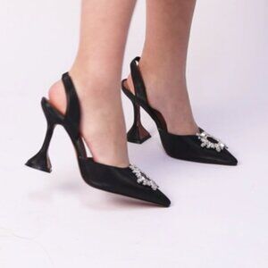 Black Women's Slingback Pointed Toe High Heel Sandals Dress Shoe with Rhinestone